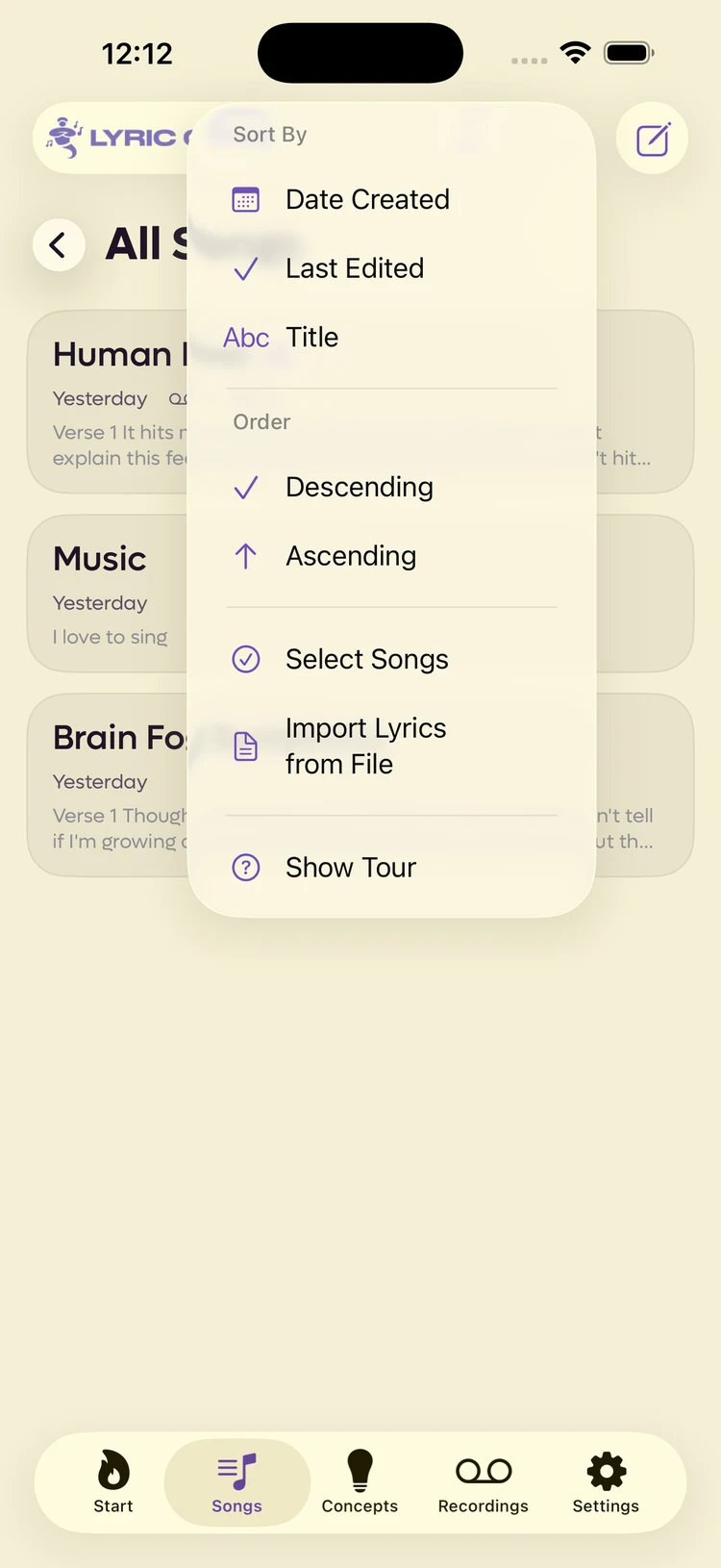 The songs list menu with Sort By, Order, Select Songs, Import Lyrics from File and Show Tour