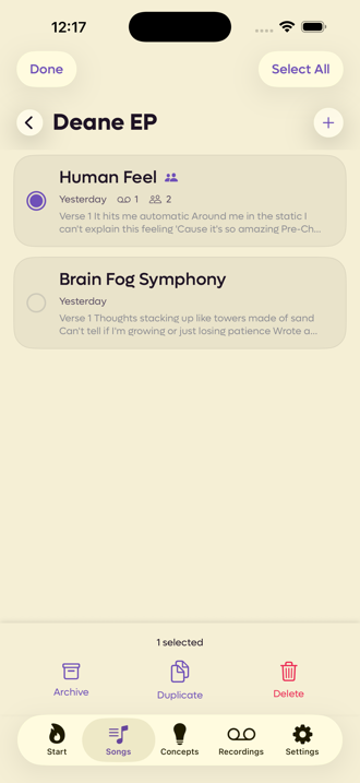 Songs list in select mode with one song ticked and a bottom bar offering Archive, Duplicate and Delete