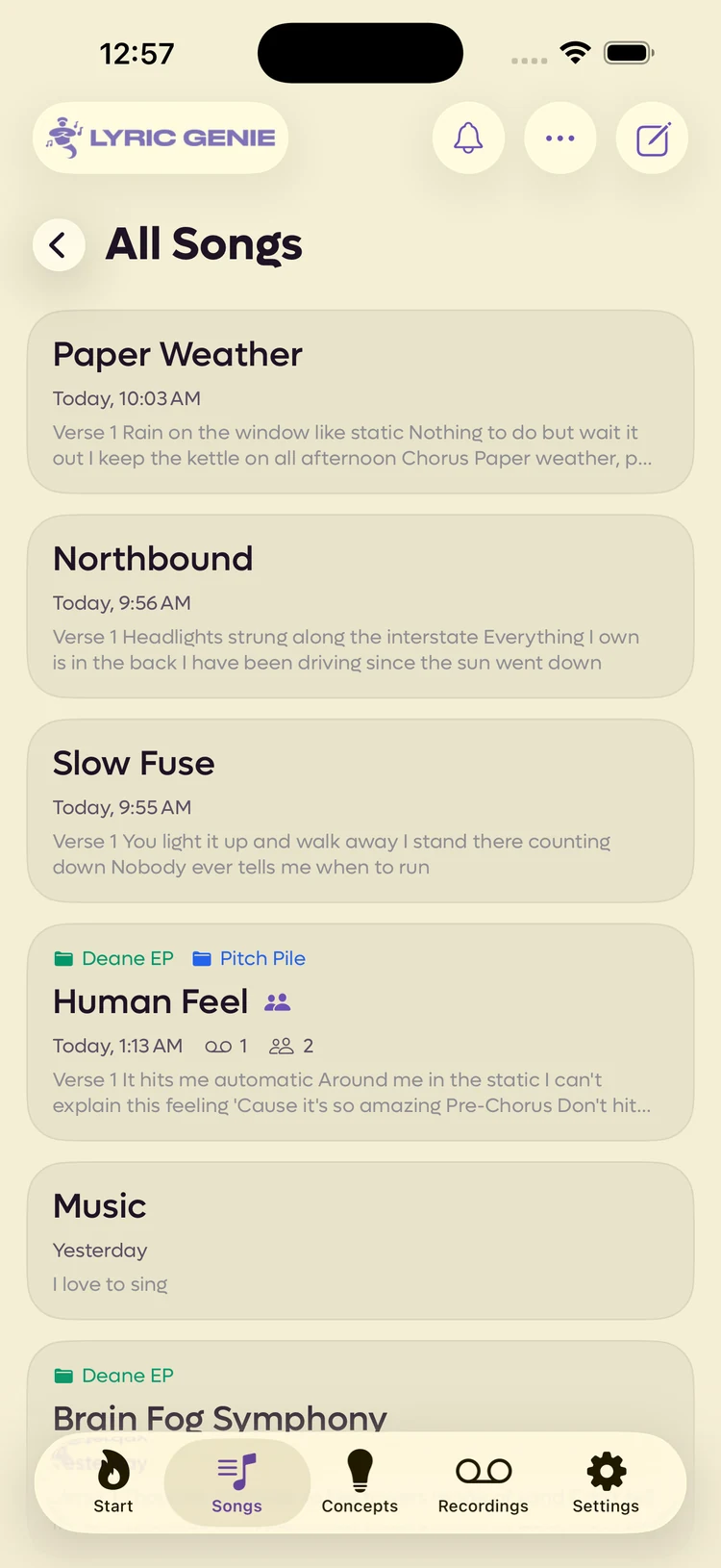 The All Songs list showing six songs, each with a title, when it was last edited, and its opening lines