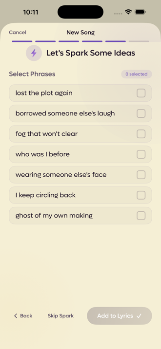 Seven generated phrases with checkboxes, and an Add to Lyrics button