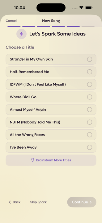Eight generated song titles with a Brainstorm More Titles button below them