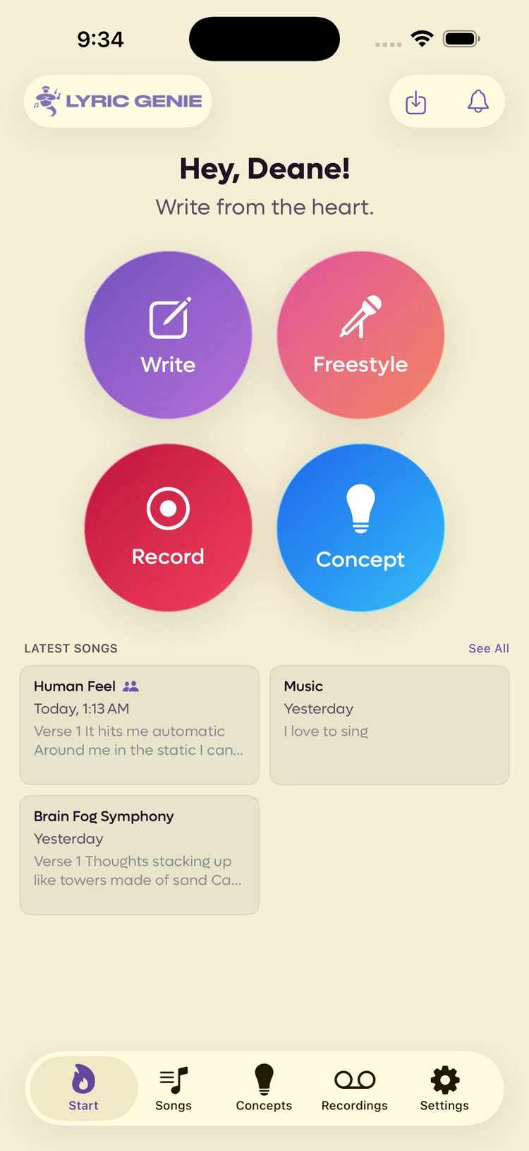 The Start tab with a greeting, four circular buttons for Write, Freestyle, Record and Concept, and a list of recent songs
