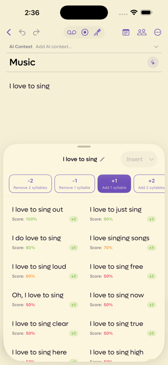 The syllable sheet offering longer and shorter versions of the line I love to sing