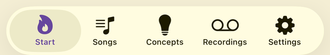 The five tabs along the bottom of the app: Start, Songs, Concepts, Recordings and Settings