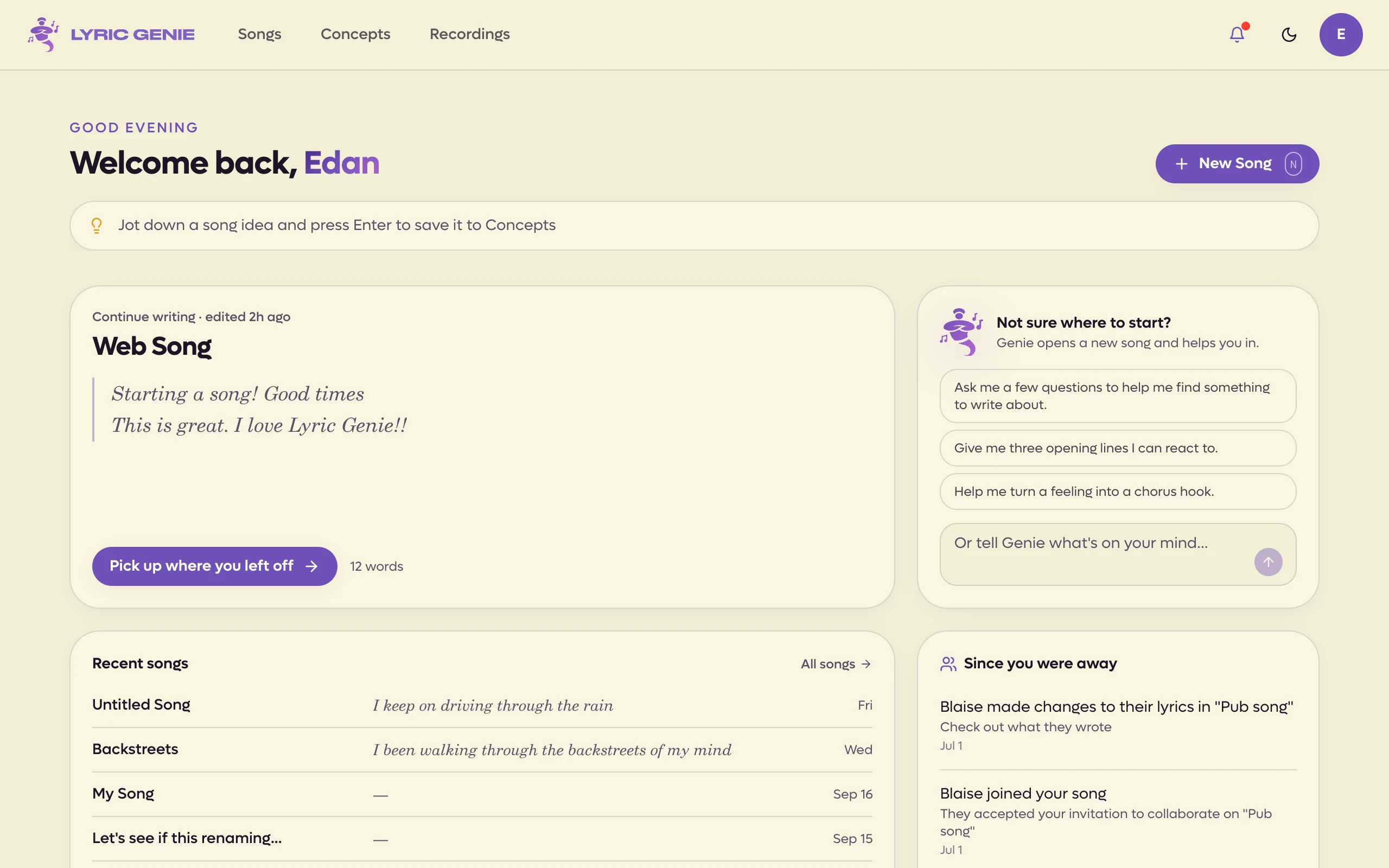 The Home page with a New Song button, an idea box, the song you were last writing, Genie's starter card and recent songs