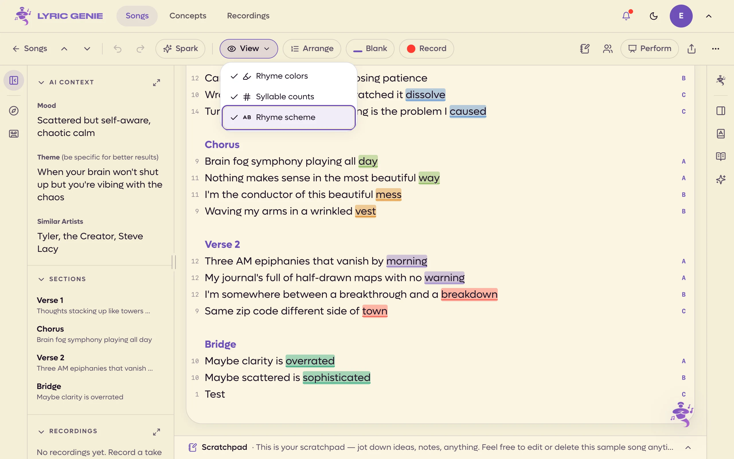 The View menu open with all three options ticked, over lyrics with coloured rhymes, syllable counts on the left and rhyme letters on the right
