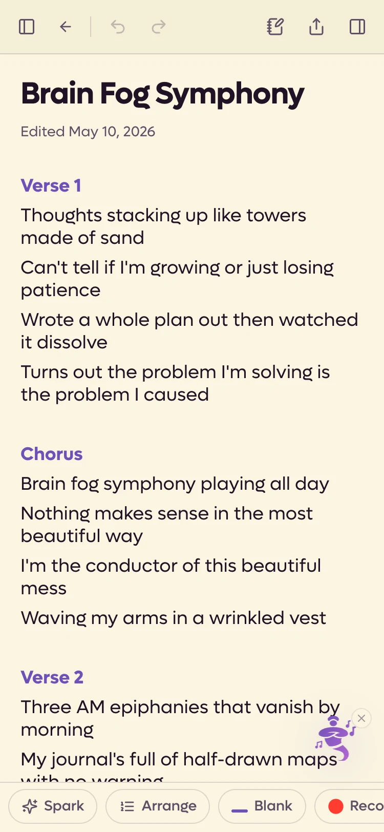 A phone browser showing the lyrics, the panel buttons at the top, the floating genie and the bar of writing buttons along the bottom