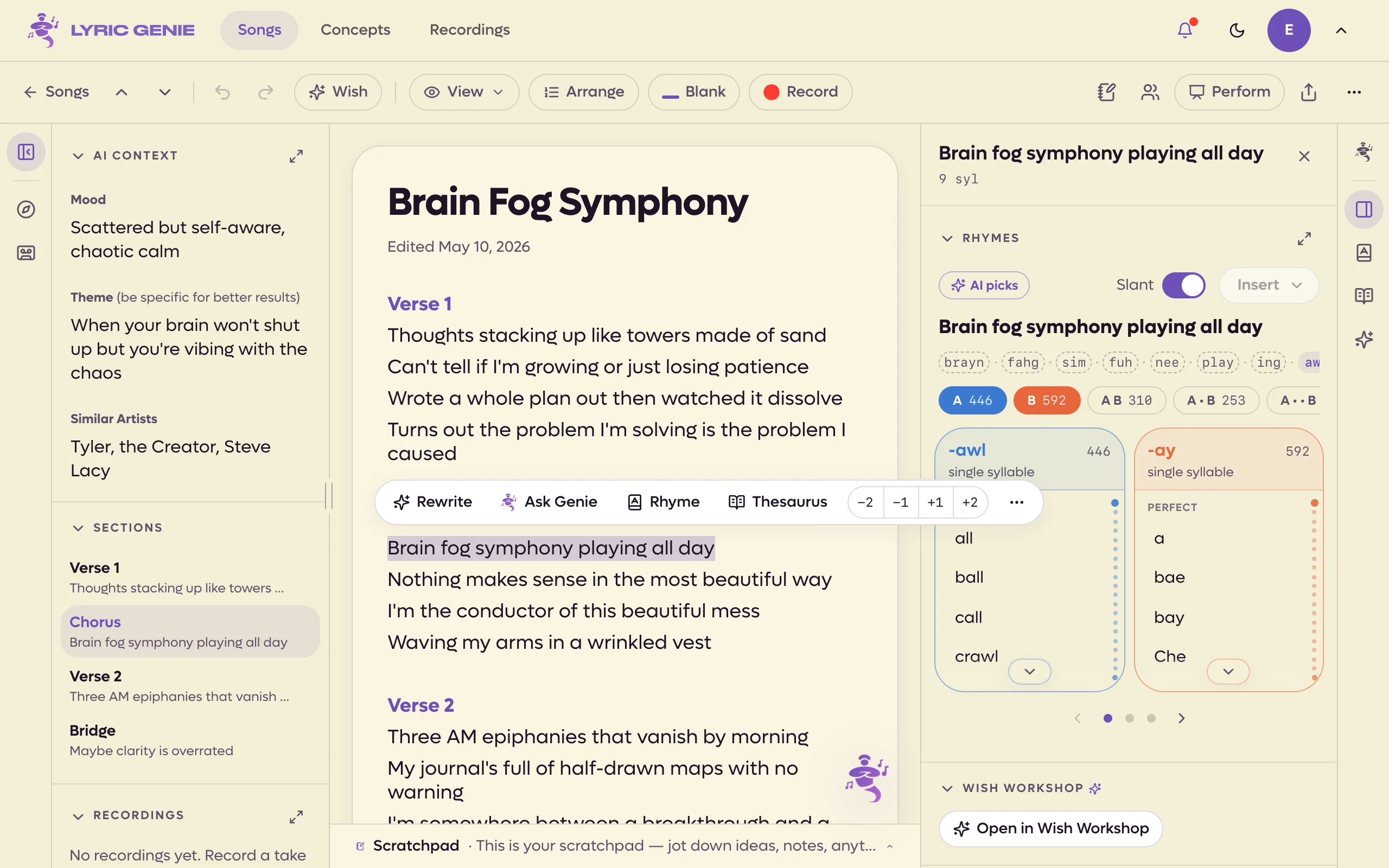 The song workspace with the song bar along the top, the song panel on the left, the lyrics in the middle, the writing tools on the right and the scratchpad bar at the bottom