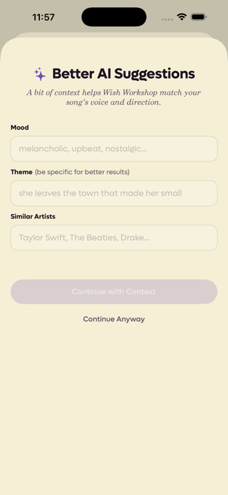 The Better AI Suggestions screen asking for mood, theme and similar artists