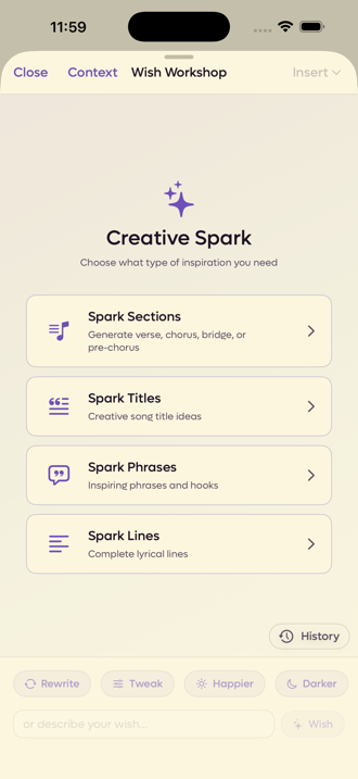 Wish Workshop with nothing selected, showing the four Creative Spark options