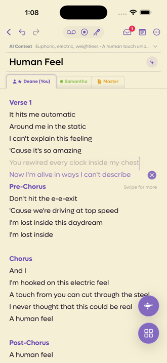 A generated line shown greyed in the lyrics with an alternative below it, an X, and the words Swipe for more