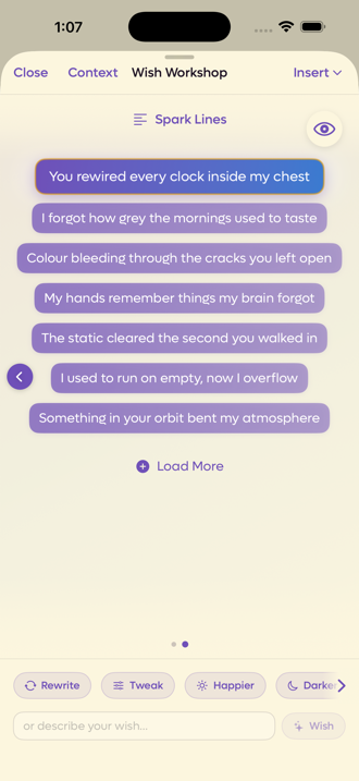 Spark Lines results, seven lines with one selected, a Load More button, a page indicator and an eye button