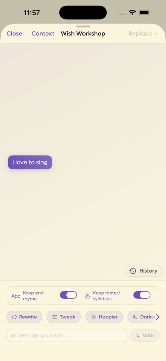 Wish Workshop with a lyric line selected, showing the line as a purple bubble and the wish chips enabled