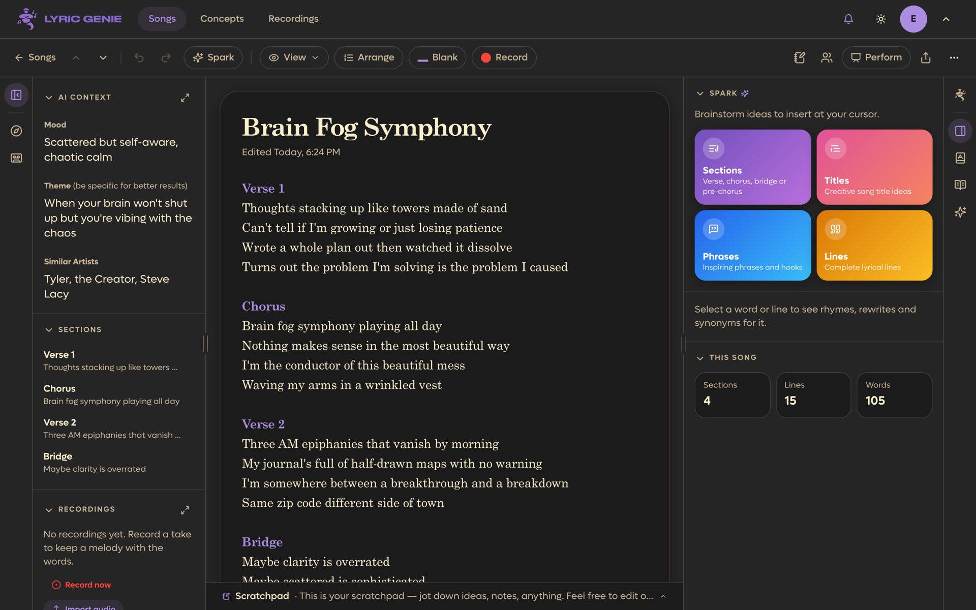 The Lyric Genie web app: a song in the editor, with AI context and sections on the left and brainstorming tools on the right