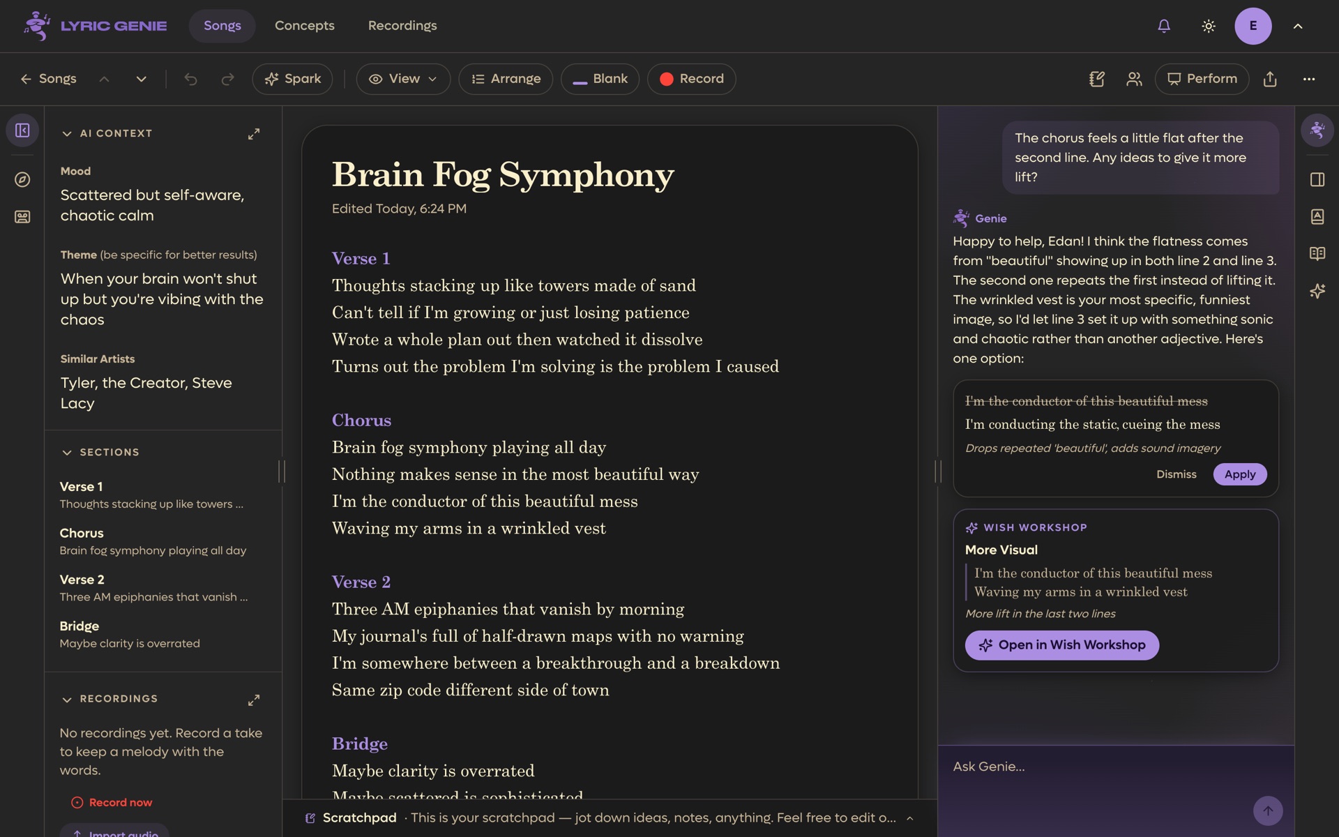 Genie, the AI assistant, suggesting a line edit for the chorus in a side panel