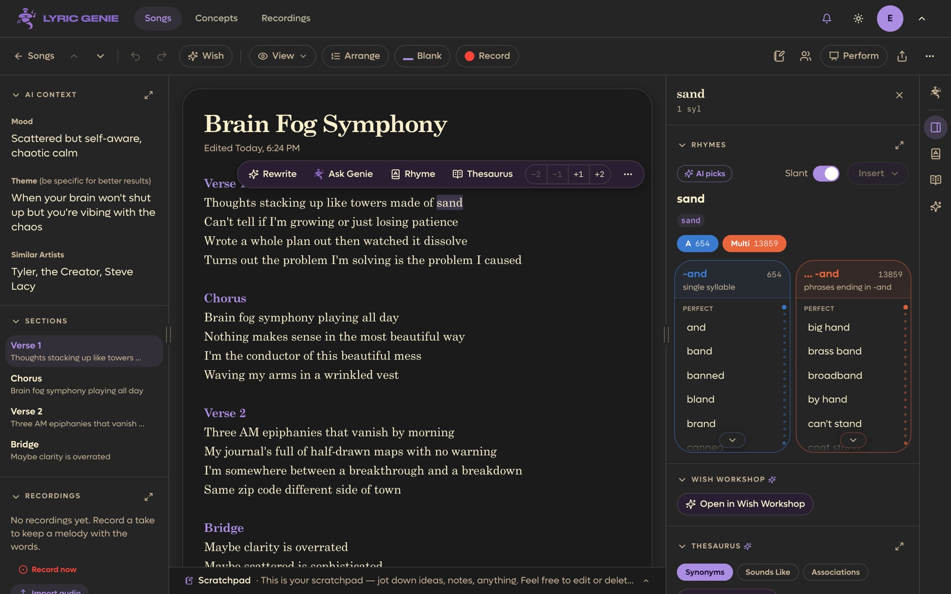 Rhymes for a selected word, with single-syllable and multi-word rhymes side by side