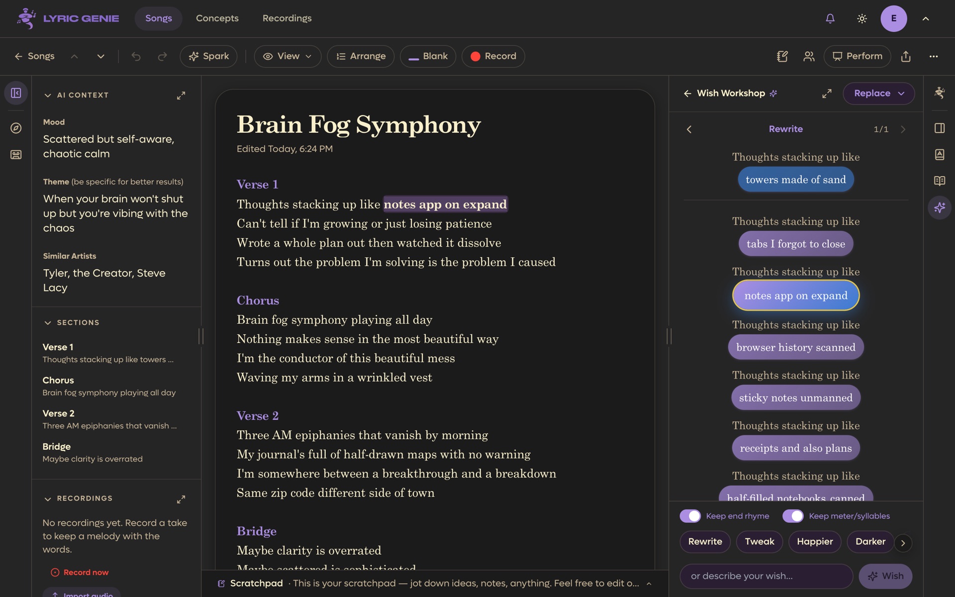 Wish Workshop showing rewrites of a phrase, with the chosen one previewed right in the lyrics